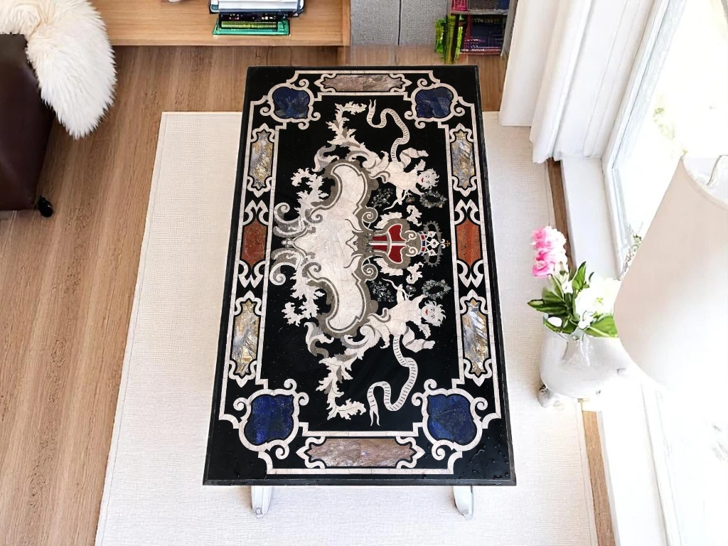 Farmhouse Black Marble Dining Room Table Decor - Handcrafted Stone Inlay